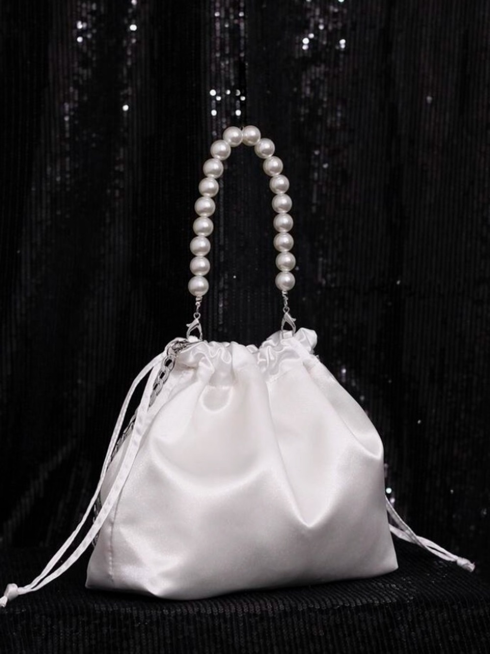 White Pearl-Handle Satin Shoulder Bag